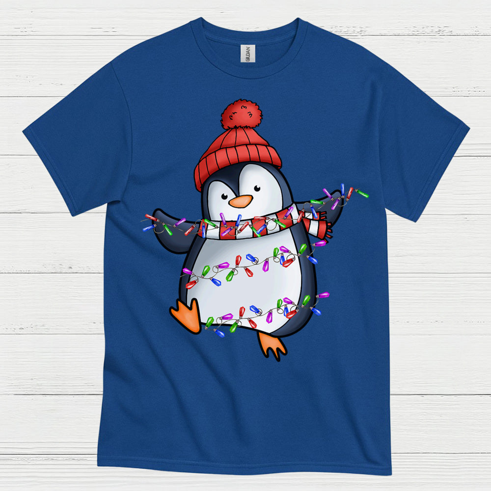 Cute Christmas Penguin Wrapped In Lights T Shirt