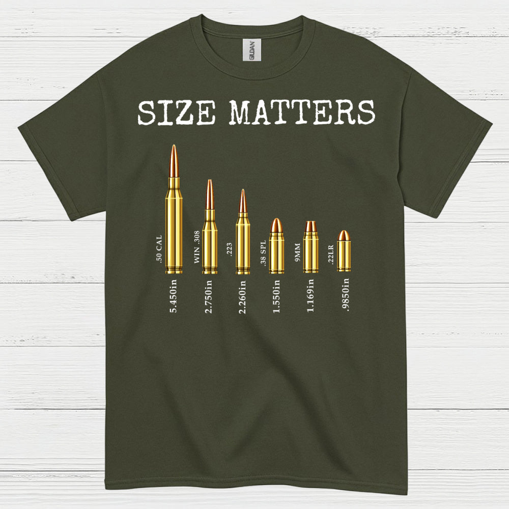 Size Matters Funny Ammo Comparison Graphic T Shirt