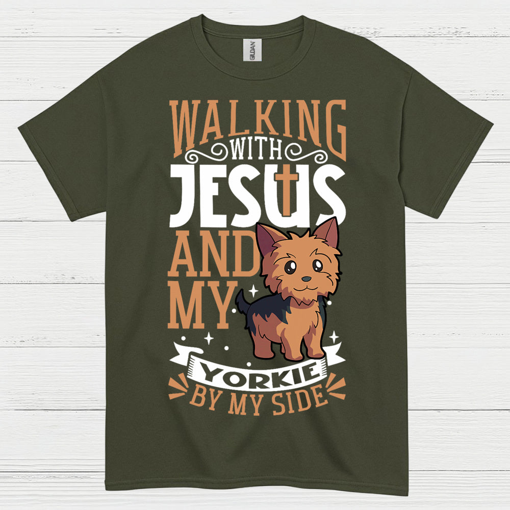 Walking With Jesus And My Yorkie T Shirt