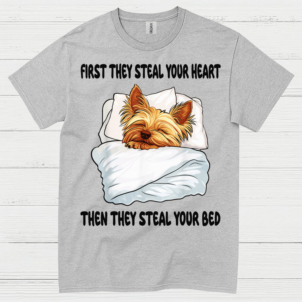 Funny Yorkie Steal Your Bed Dog Lover T Shirt
