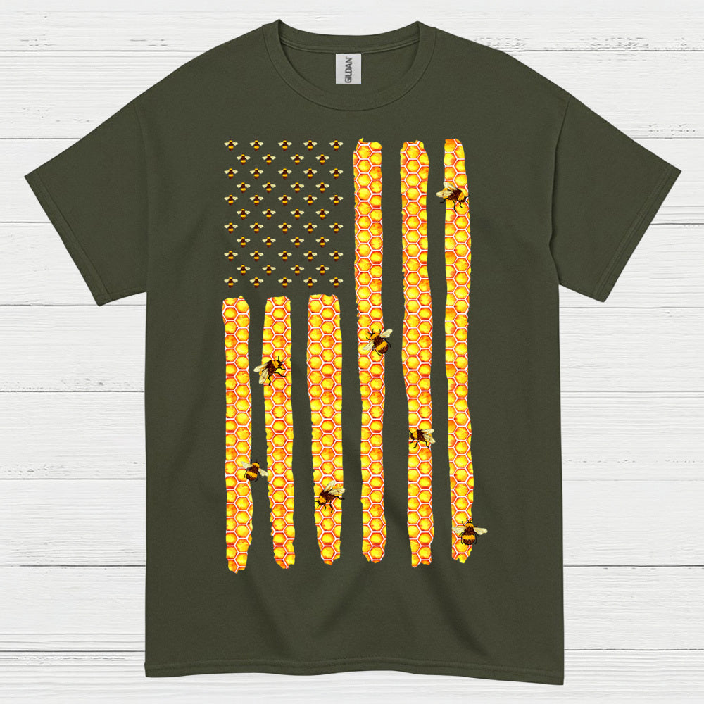 Honeycomb American Flag Bee Lover T Shirt