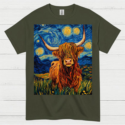 Highland Cow Starry Night Art T Shirt