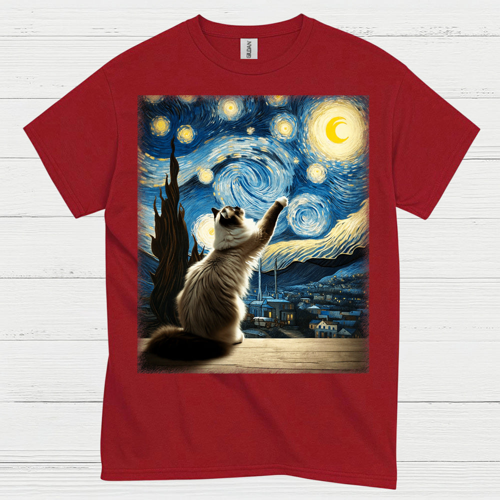 Curious Cat Starry Night Art T Shirt