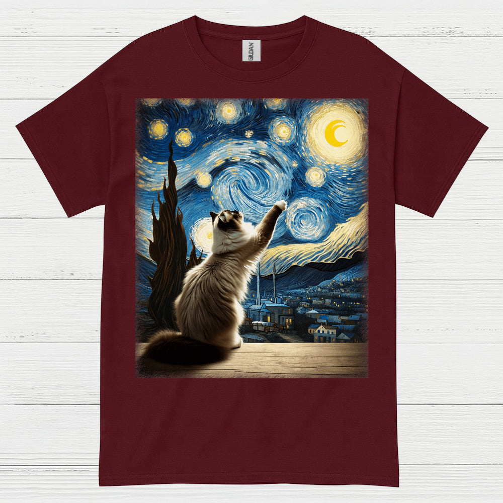 Curious Cat Starry Night Art T Shirt