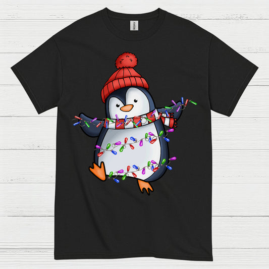 Cute Christmas Penguin Wrapped In Lights T Shirt