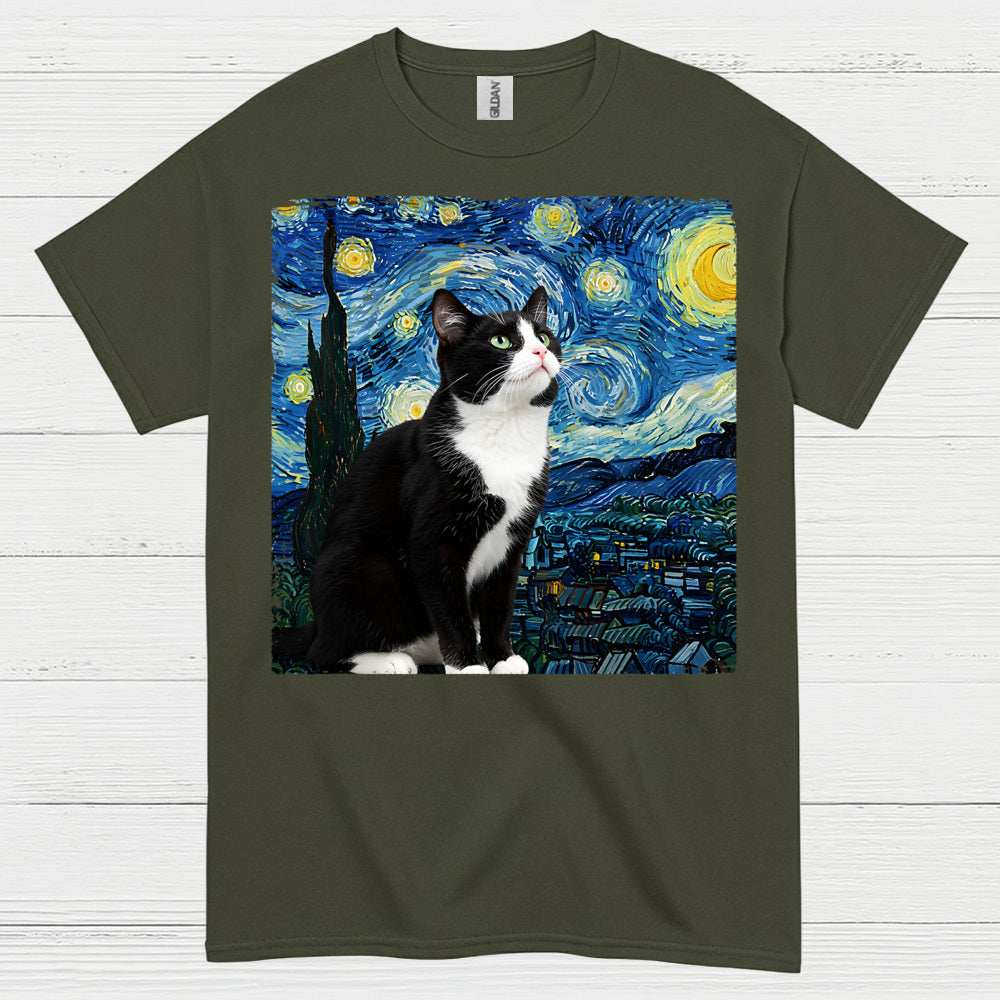 Curious Tuxedo Cat Starry Night Art T Shirt