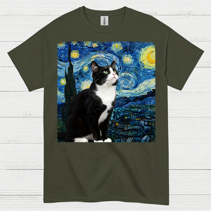 Curious Tuxedo Cat Starry Night Art T Shirt