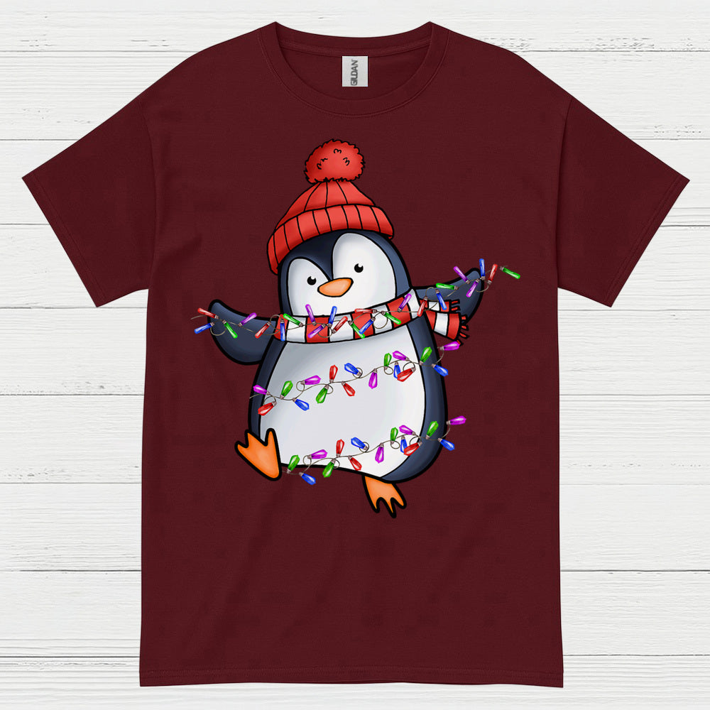 Cute Christmas Penguin Wrapped In Lights T Shirt
