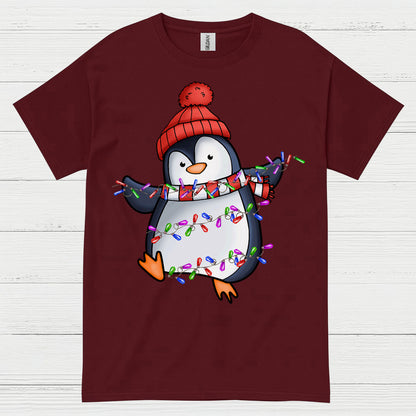 Cute Christmas Penguin Wrapped In Lights T Shirt