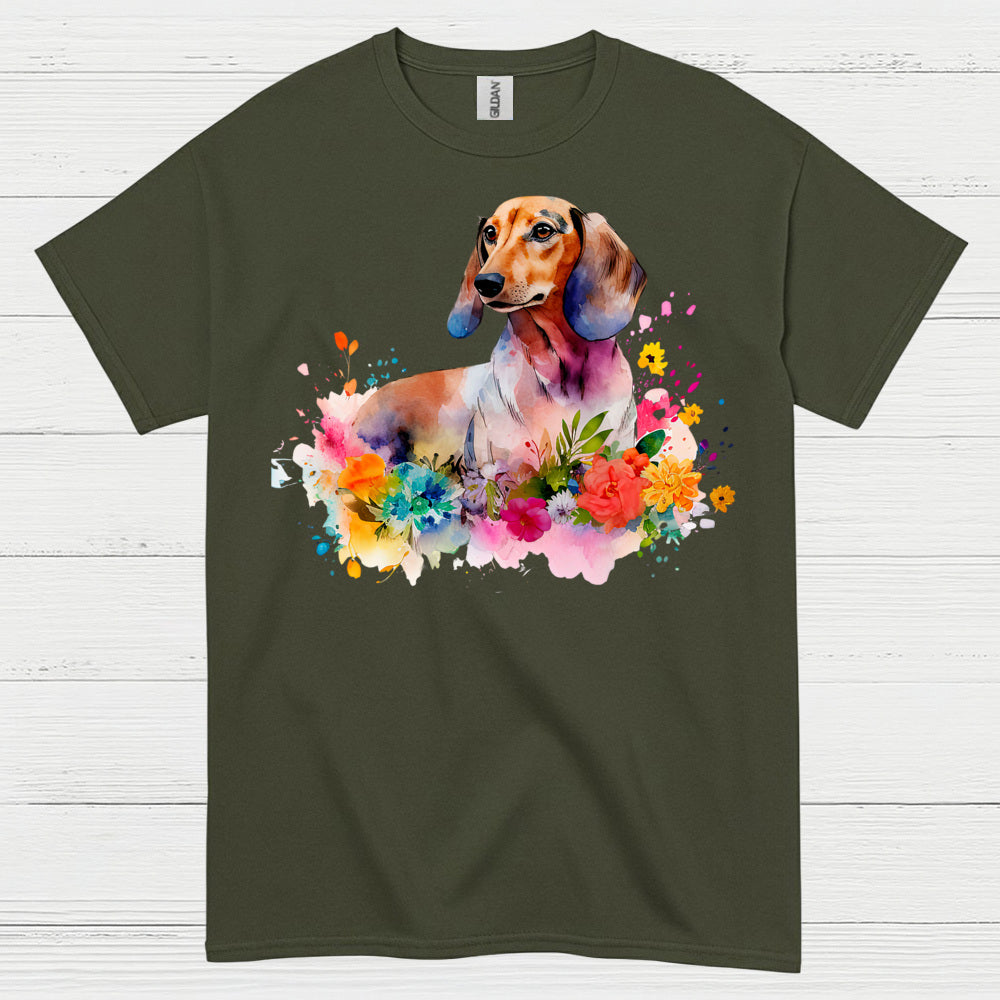 Colorful Watercolor Floral Dachshund Dog T Shirt