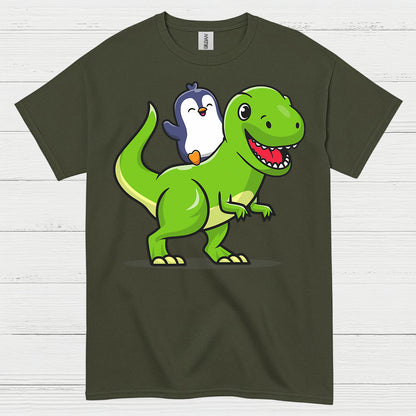 Cute Penguin Riding Dinosaur Funny Graphic T Shirt