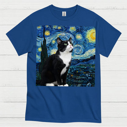 Curious Tuxedo Cat Starry Night Art T Shirt