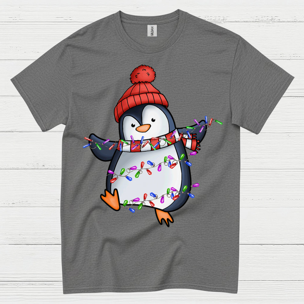 Cute Christmas Penguin Wrapped In Lights T Shirt
