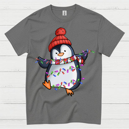 Cute Christmas Penguin Wrapped In Lights T Shirt