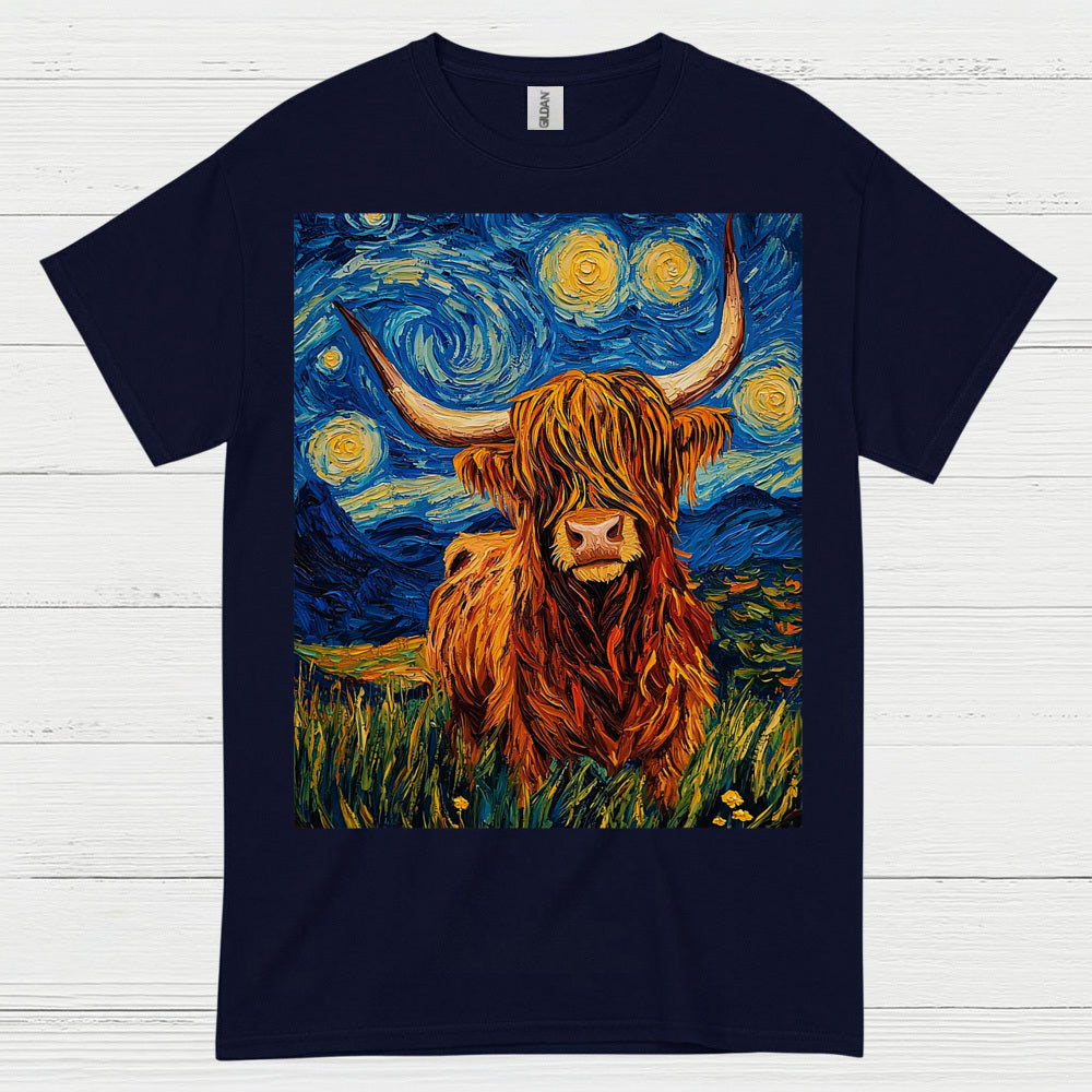 Highland Cow Starry Night Art T Shirt