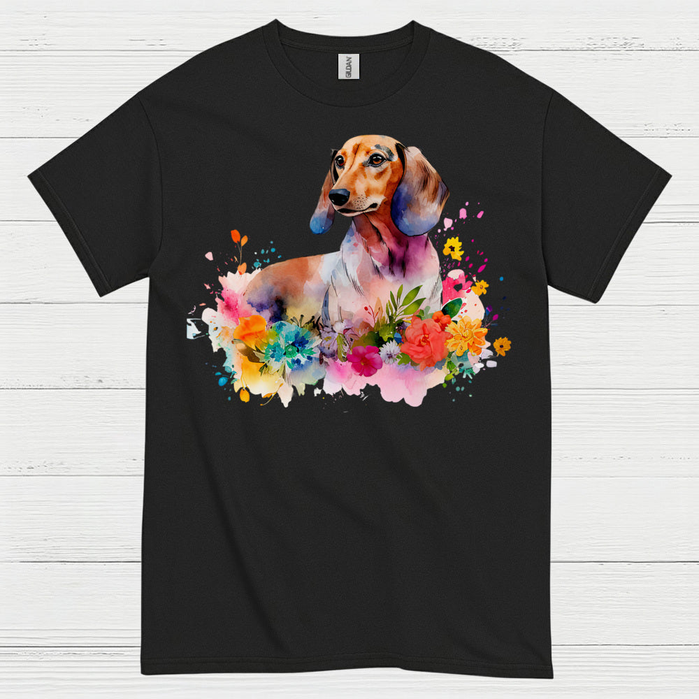 Colorful Watercolor Floral Dachshund Dog T Shirt