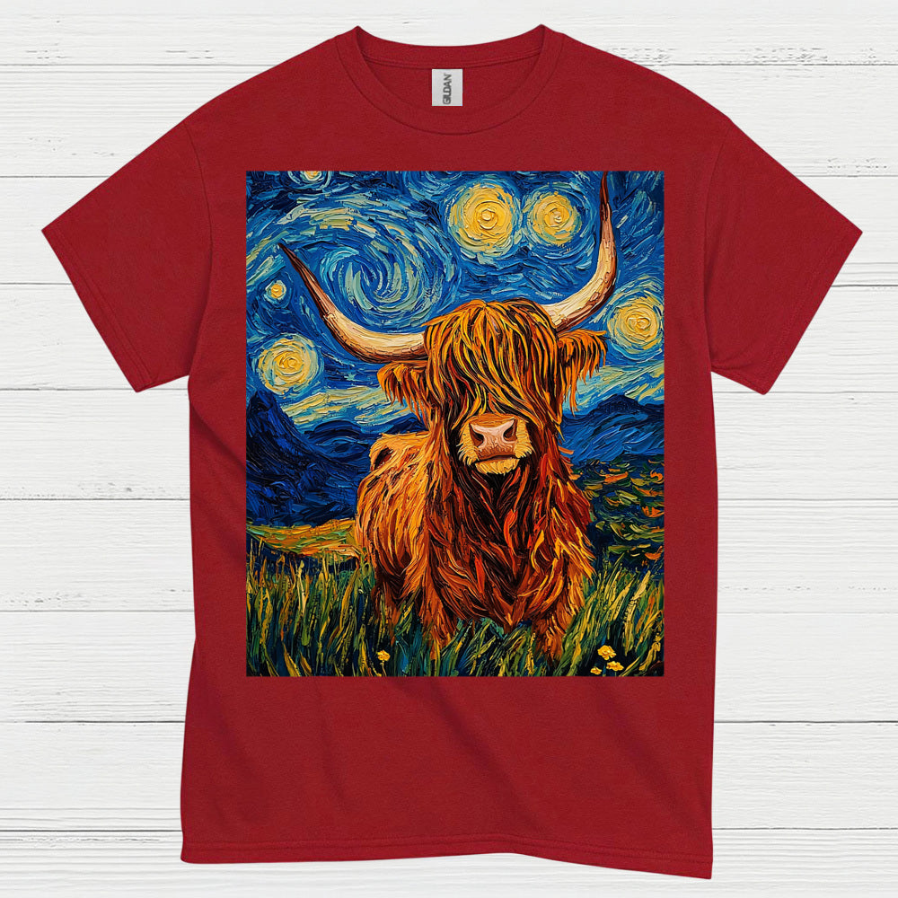 Highland Cow Starry Night Art T Shirt