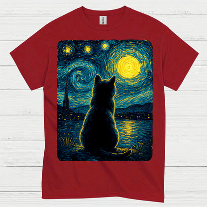 Silent Cat Starry Night Art T Shirt