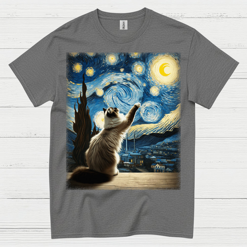 Curious Cat Starry Night Art T Shirt