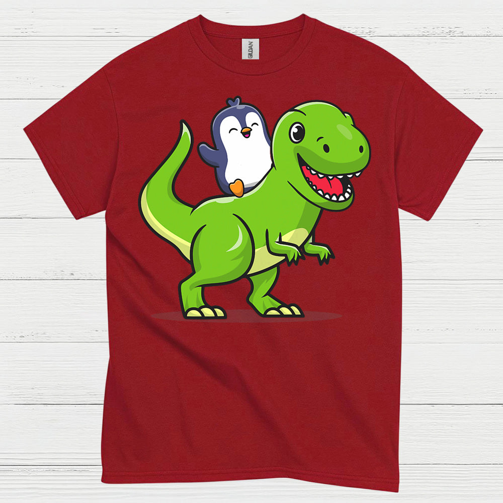 Cute Penguin Riding Dinosaur Funny Graphic T Shirt