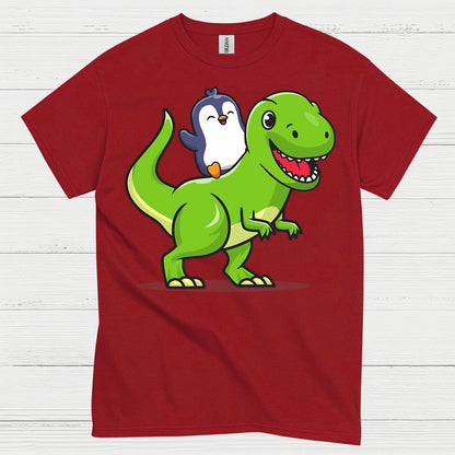 Cute Penguin Riding Dinosaur Funny Graphic T Shirt