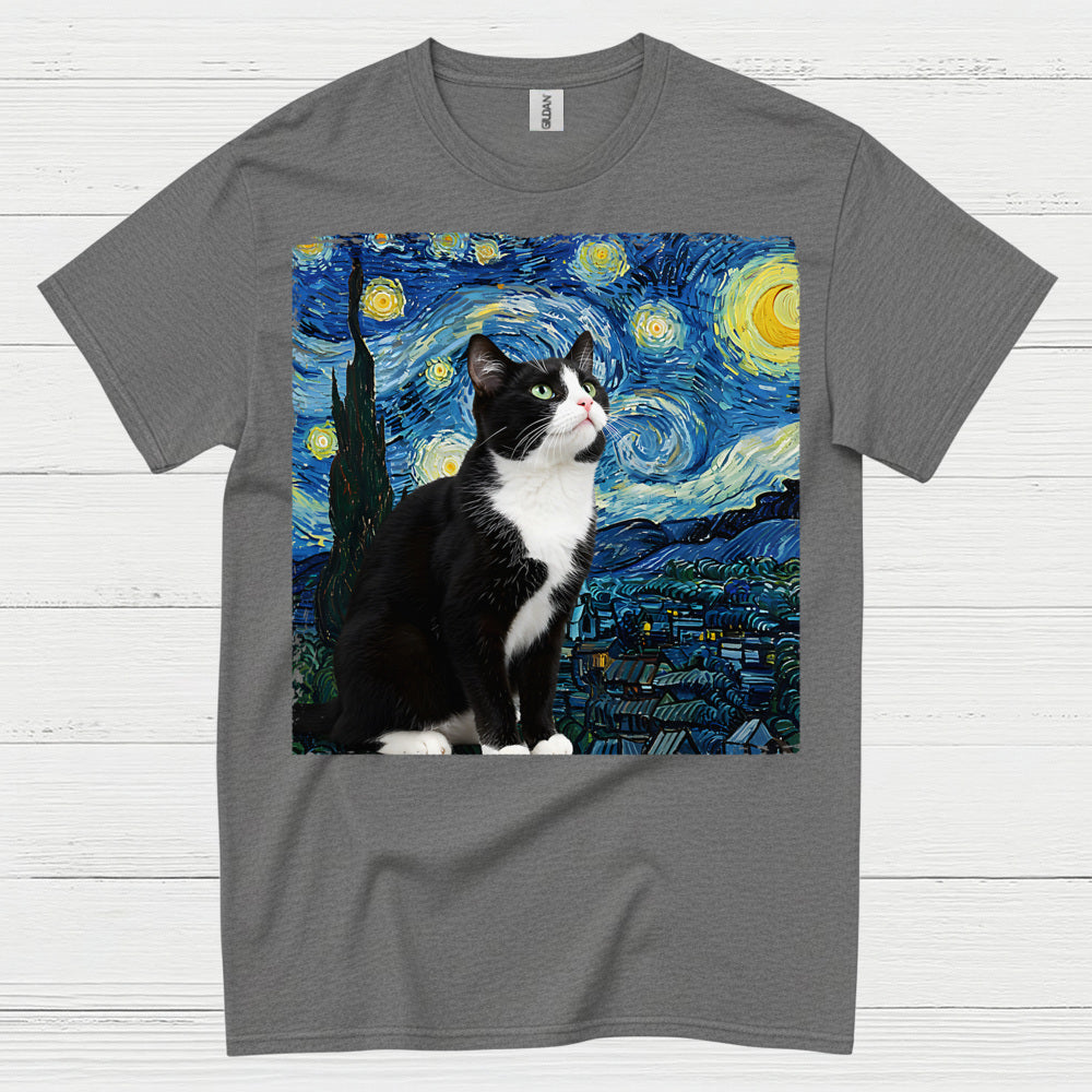 Curious Tuxedo Cat Starry Night Art T Shirt