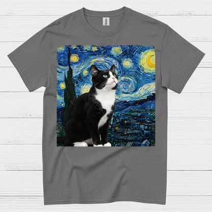 Curious Tuxedo Cat Starry Night Art T Shirt